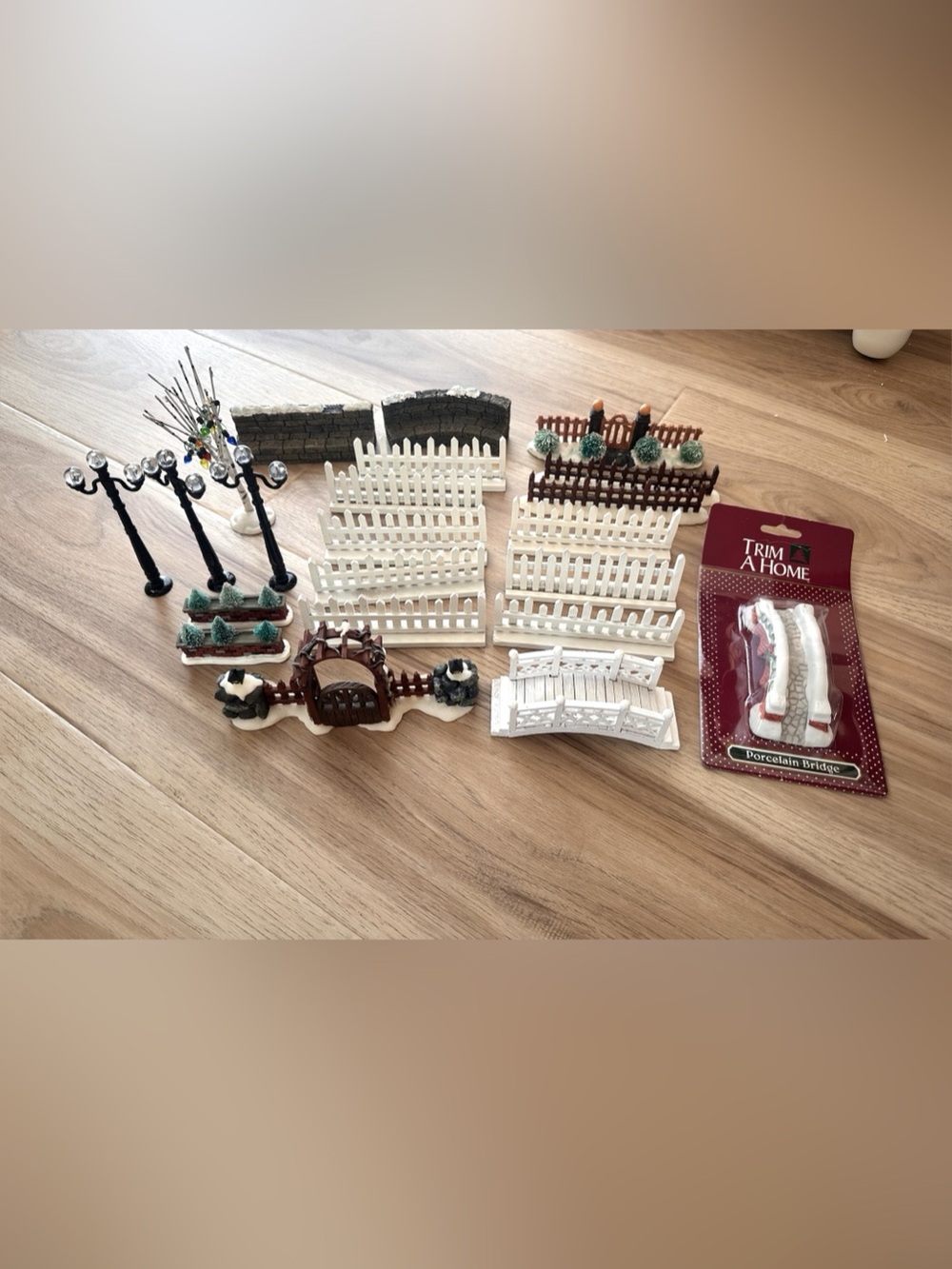 Vintage Christmas Village Accessories Lot – Fences, Bridges, Lamp Posts, Trees &